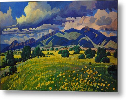 Taos Metal Print featuring the painting Taos Yellow Flowers by Art West