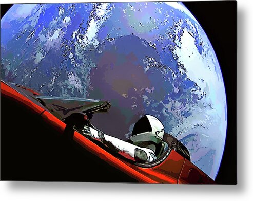 Starman Metal Print featuring the photograph Tesla Roadster, Starman, Planet Earth Outer Space Image by Bill Swartwout