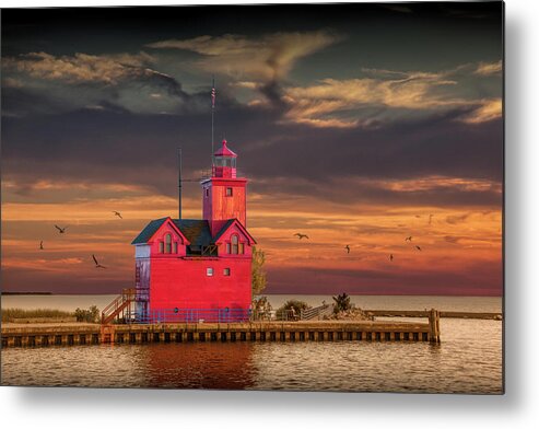 Art Metal Print featuring the photograph The Big Red Lighthouse at Sunset on Lake Michigan by Ottawa Beac by Randall Nyhof