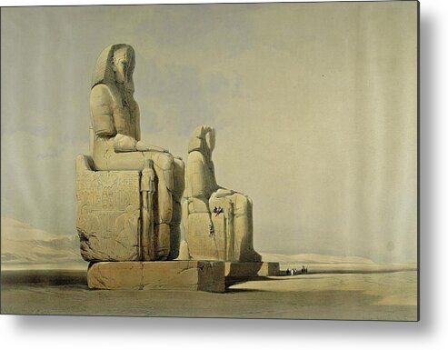 David Roberts Metal Print featuring the painting The memmon colossi statue of Amenphis III, lithograph by David Roberts, 1838. by David Roberts -1796-1864-