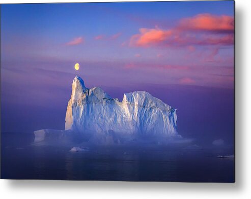 Ilulisat Metal Print featuring the photograph The Midnight Moon And Iceberg In Ilulissat by Raymond Ren Rong Liu