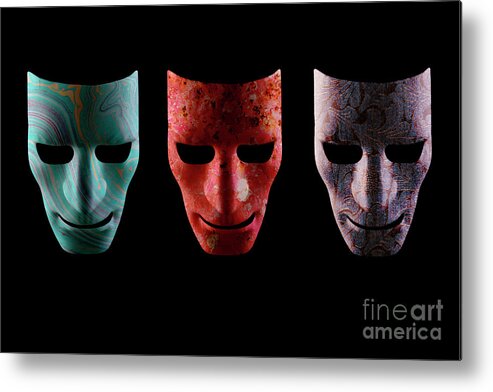 Mask Metal Print featuring the photograph Three textured AI robotic face masks by Simon Bratt