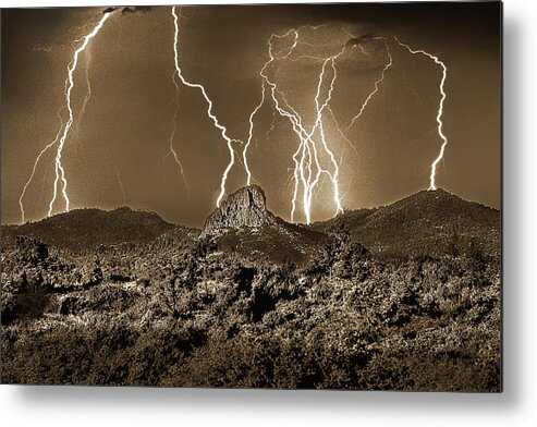 Monsoon Metal Print featuring the photograph Thumb Butte, Electrical Storm, Sepia, Prescott, Arizona by Don Schimmel