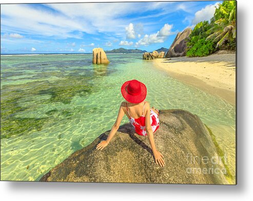 Seychelles Metal Print featuring the photograph Tourist woman at Source dArgent by Benny Marty