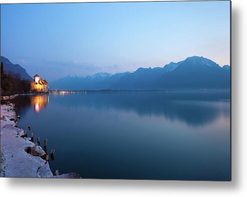 Built Structure Metal Print featuring the photograph Tranquil Lake And Mountains by Xenotar