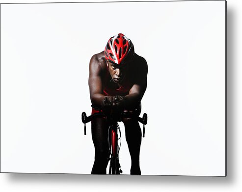 Three Quarter Length Metal Print featuring the photograph Triathlete Riding On Bicycle by Paul Taylor