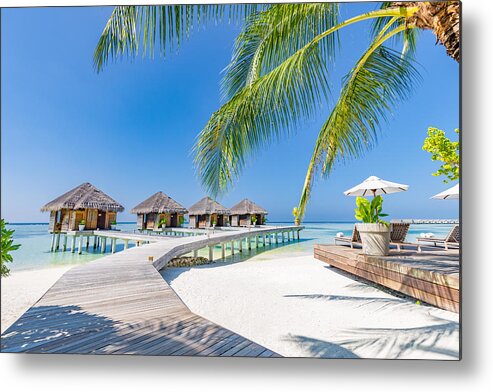 Landscape Metal Print featuring the photograph Tropical Beach In Maldives With Palm by Levente Bodo