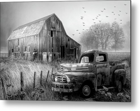 1951 Metal Print featuring the photograph Truck in the Fog in Black and White by Debra and Dave Vanderlaan