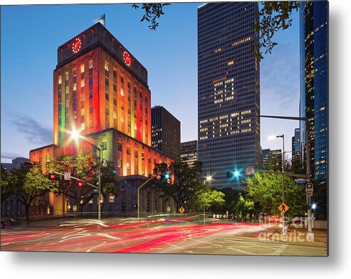 Downtown Metal Print featuring the photograph Twilight Photograph of Houston City Hall Astros Baseball World Series 2017 - Downtown Houston by Silvio Ligutti
