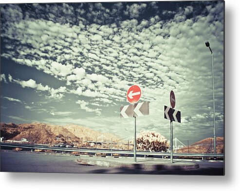 Outdoors Metal Print featuring the photograph Two Road Signs Pointing Driving by D3sign
