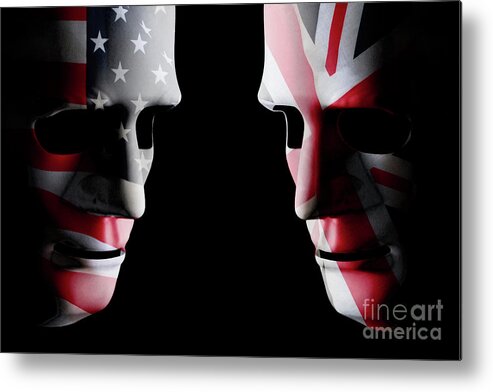 Mask Metal Print featuring the digital art USA and GB head to head flag faces by Simon Bratt