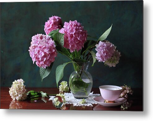 Vase Metal Print featuring the photograph Vase With Hortensia Flowers by Panga Natalie Ukraine