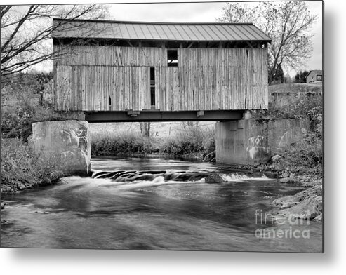 Scribner Covered Bridge Metal Print featuring the photograph Vermont Mudgett Covered Bridge Black And White by Adam Jewell