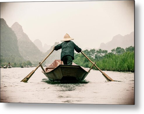 Grass Metal Print featuring the photograph Vietnamese Rower In Boat by By Jérémie Lusseau