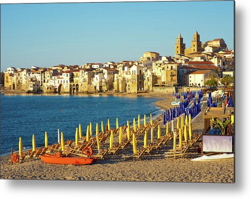 Panoramic Metal Print featuring the photograph View Of Cefalu Cliff At Dusk by Xenotar