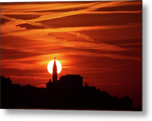 Sunset Metal Print featuring the photograph View of Saint George's Parish Church in Piran at sunset by Ian Middleton