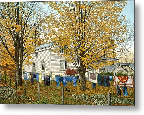 Kids Standing By Clothes On Line By House Metal Print featuring the mixed media Wash Day by Thelma Winter