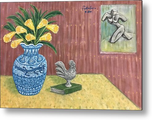 Ricardosart37 Metal Print featuring the painting Yellow Daffodils in a Water Dragon Vase by Ricardo Penalver deceased