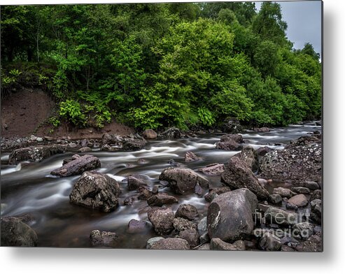 Background Metal Print featuring the photograph Wild Mountain River Streaming Through Green Forest in Scotland by Andreas Berthold