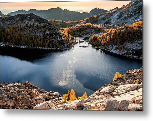 Nature Metal Print featuring the photograph Wind, Lake and larches by Philip Cho