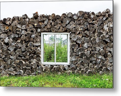Estock Metal Print featuring the digital art Window Within Wall Made Of Tree Logs by Pietro Canali