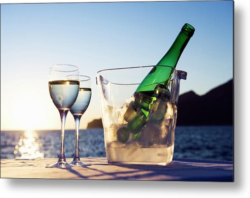 Scenics Metal Print featuring the photograph Wine Glasses And Bottle Outdoors by Bill Holden