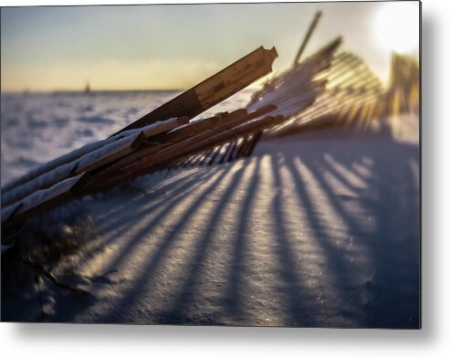 Winter Metal Print featuring the photograph Winter dunes fence at sunrise by Sven Brogren