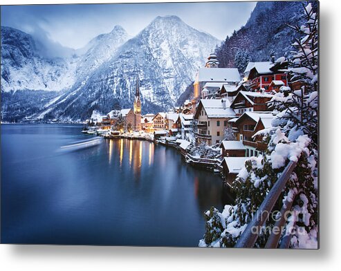 Beautiful Metal Print featuring the photograph Winter View Of Hallstatt Traditional by Dzerkach Viktar