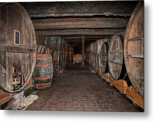 Aging Process Metal Print featuring the photograph Wooden Barrels In A Cider Winery by Studio Box