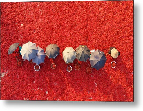Umbrella Metal Print featuring the photograph Working In Red Carpet by Mostafijur Rahman Nasim