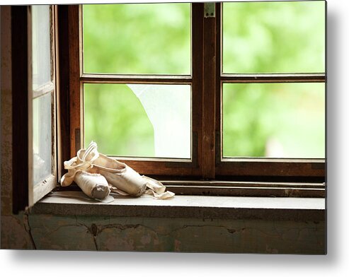Ballet Shoe Metal Print featuring the photograph Worn Out Ballet Shoes Lie On The Old by Miljko