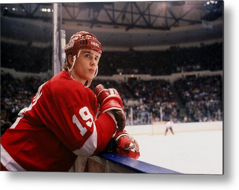 1980-1989 Metal Print featuring the photograph Yzerman Watches From The Boards by B Bennett