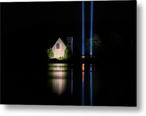 West W. Boylston Ma Mass Massachusetts 911 9/11 Memorial Tribute Newengland New England Usa U.s.a. Brian Hale Brianhalephoto Reflection Reflections Old Stone Church American America Flag Twin Towers Lightbeam Lightbeams Light Beam Beams Night Metal Print featuring the photograph 911 Memorial #1 by Brian Hale