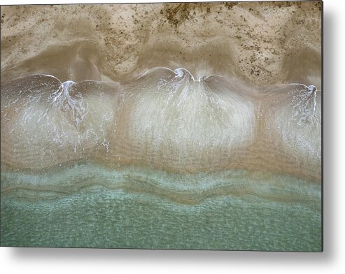 Golden Sand Metal Print featuring the photograph Aerial view drone of empty tropical sandy beach with golden sand. Seascape background by Michalakis Ppalis