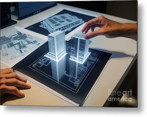 3d Metal Print featuring the digital art Architecture 3D Touch Hologram Display #1 by Benny Marty