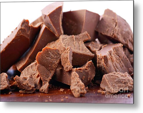 Background Metal Print featuring the photograph Belgian Gianduja chocolate close up. #1 by Milleflore Images