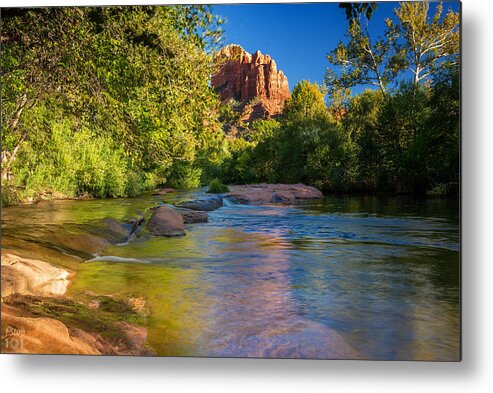 Stream Cathedral Rock Red Sedona Arizona Fstop101 Landscape Reflection Water Stream Tranquil Nature Calm Blue Sky Metal Print featuring the photograph Castle Rock and Stream #1 by Geno