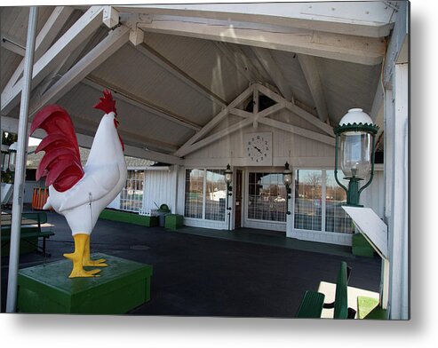 White Fence Farm Illinois Metal Print featuring the photograph Chicken statue on Historic Route 66 at White Fence Farm in Romeoville Illinois #1 by Eldon McGraw