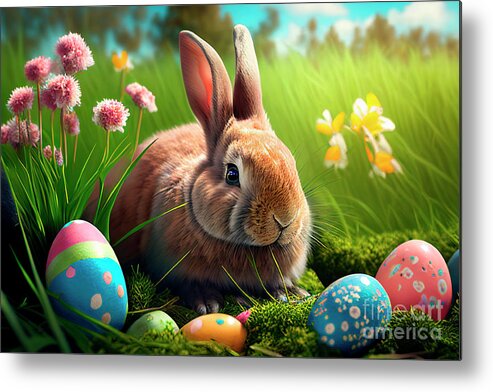 Easter Metal Print featuring the digital art Cute easter bunny in grass and daisy flowers nest with colorful #2 by Jelena Jovanovic