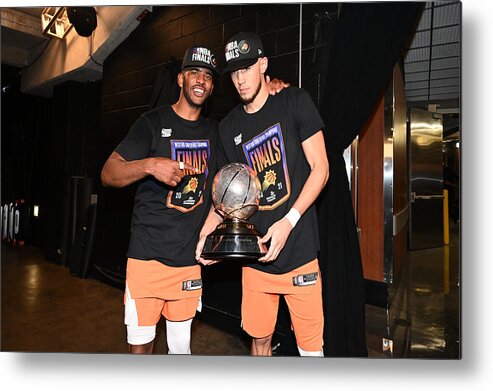 Chris Paul Metal Print featuring the photograph Devin Booker and Chris Paul by Adam Pantozzi
