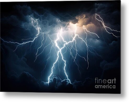 Blue Metal Print featuring the painting Flash of lightning on dark background. Thunderstorm #1 by N Akkash