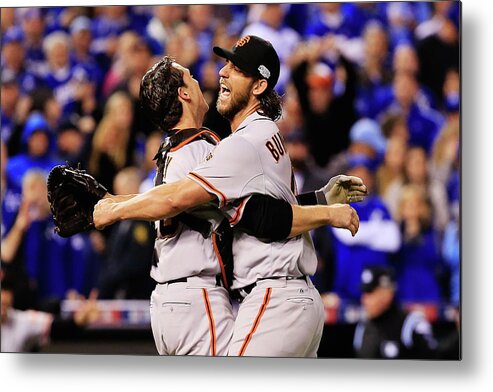 People Metal Print featuring the photograph Madison Bumgarner and Buster Posey #1 by Jamie Squire