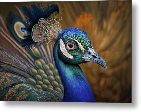 Peacock Metal Print featuring the photograph Peacock Closeup with Feathers Fanned Out in Background #1 by Jim Vallee