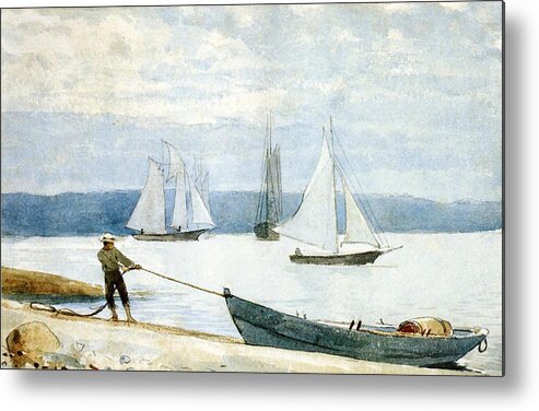 Winslow Homerhomer Metal Print featuring the painting Pulling the Dory #1 by Winslow Homer