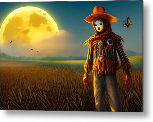 Digital Metal Print featuring the digital art Scarecrow and Harvest Moon #1 by Beverly Read