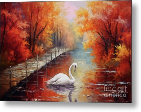 Autumn Landscape Metal Print featuring the painting Swan In Autumn by Tina LeCour
