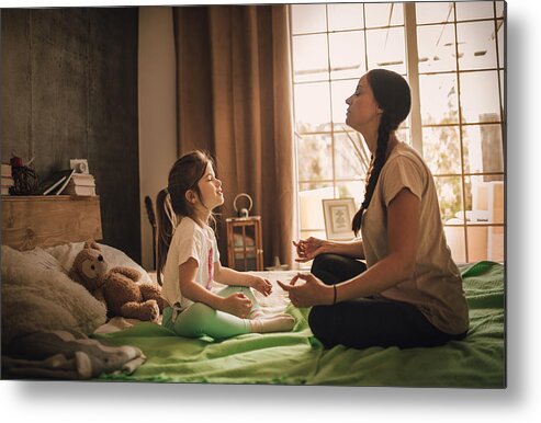 Mid Adult Metal Print featuring the photograph Mother and daughter practicing in bedroom #10 by Zeljkosantrac