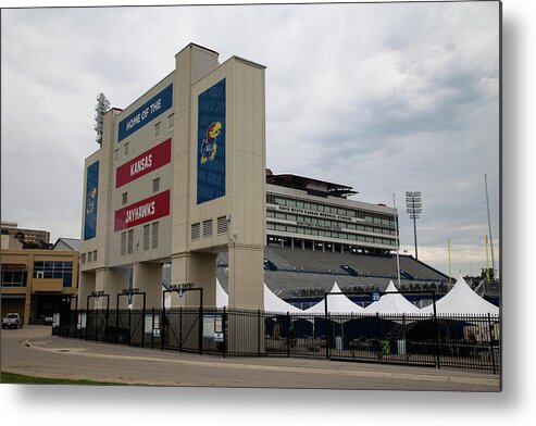 Kansas Jayhawks Metal Print featuring the photograph Home of the Kansas Jayhawks sign at University of Kansas by Eldon McGraw