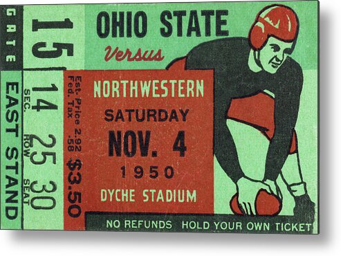 College Football Metal Print featuring the mixed media 1950 Ohio State vs. Northwestern Football Ticket Stub Art by Row One Brand