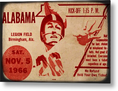 Alabama Metal Print featuring the mixed media 1966 Alabama Football Ticket Art by Row One Brand